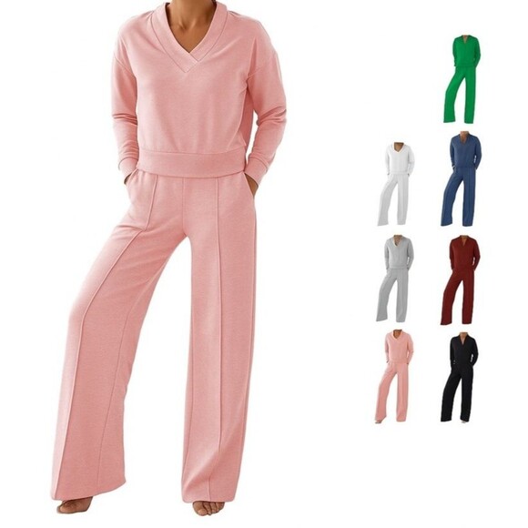 Wide Leg 2-Piece Lounge Set Pant Crop Top Women's Medium Pink Gray - Picture 1 of 3